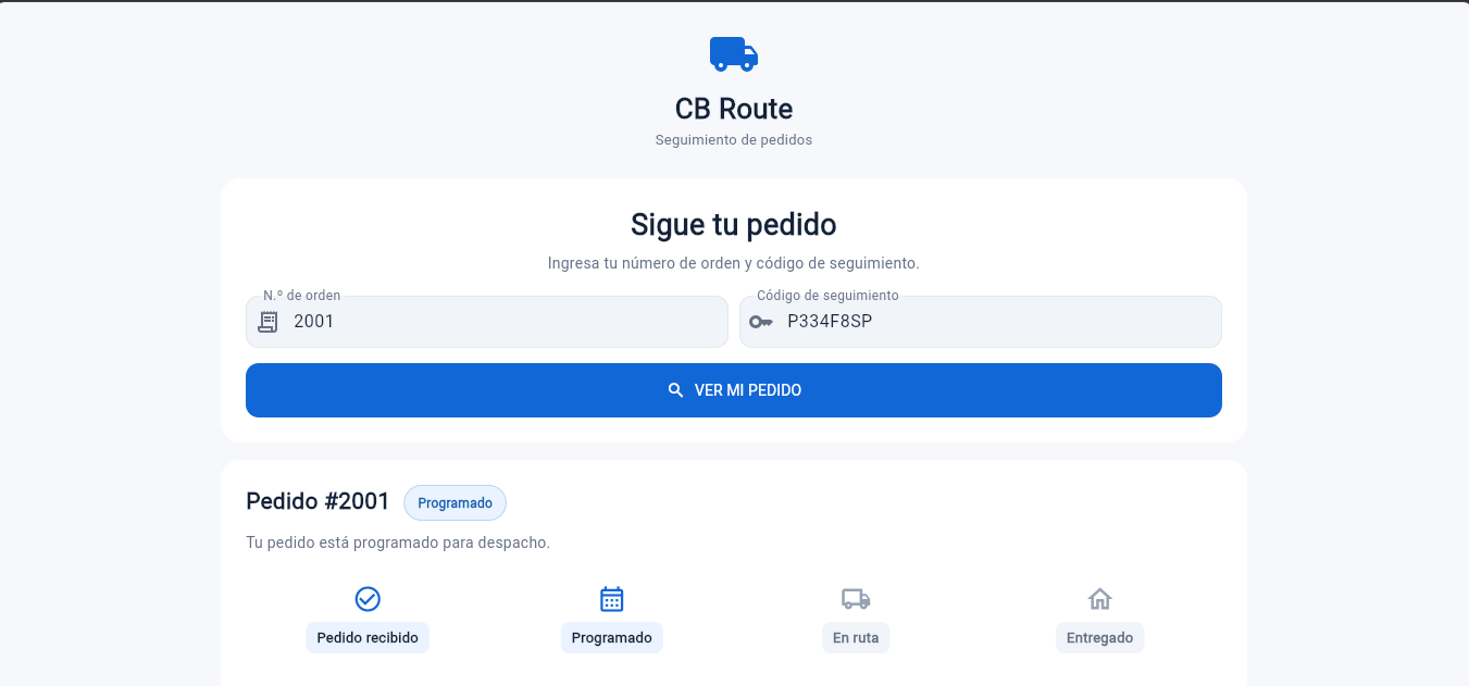 Seguimiento de pedidos para clientes en CB Route